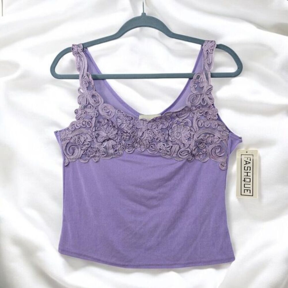 Vintage Fashque Purple Lace Trim Tank Top Sleeveless‎ Cami Casual Party XL NWT